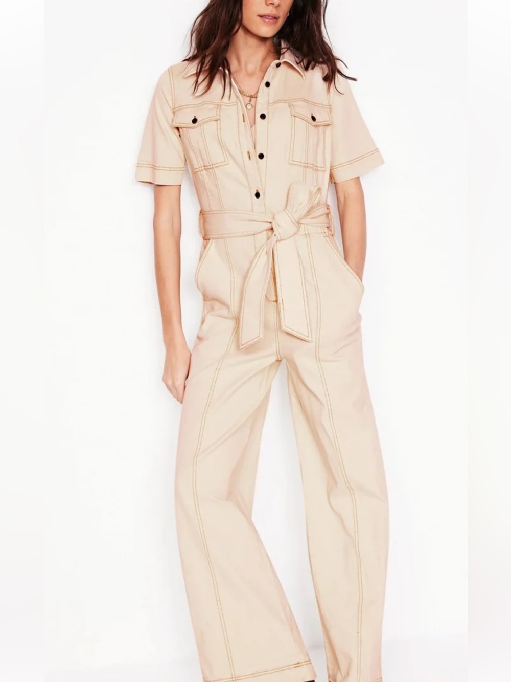 Boden Beige Short-Sleeve Utility Jumpsuit with Tie Waist 6